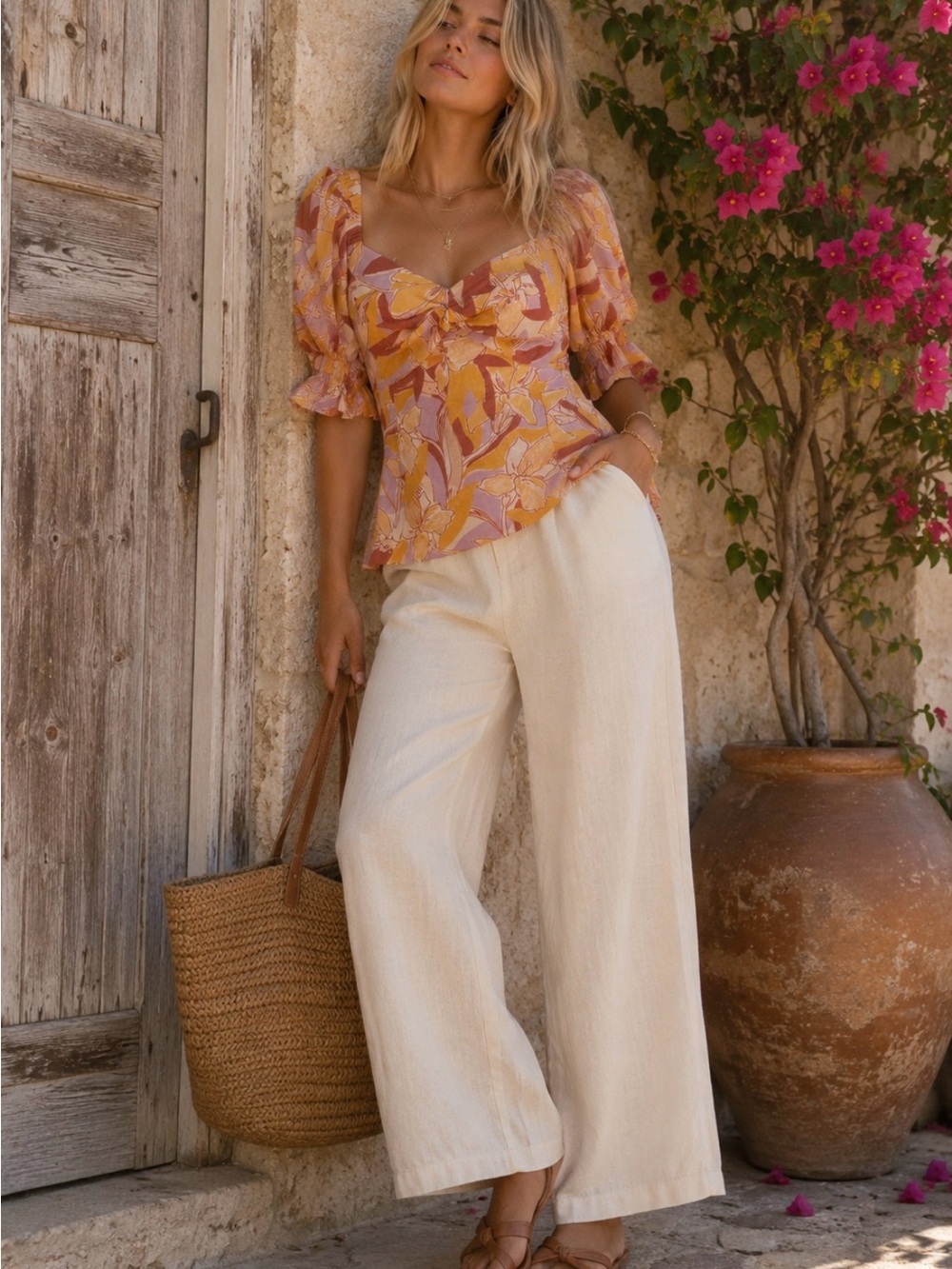 Floral Puff-Sleeve Peplum Top in Mustard-Pink